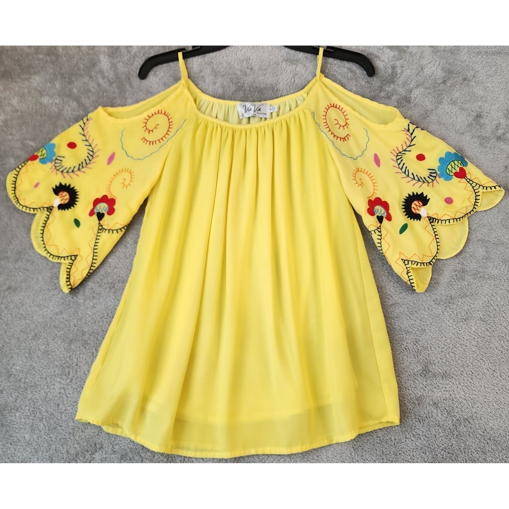 VaVa by Joy Han Shirt Womens Small Yellow Cold Shoulder Embroidered Boho Blouse